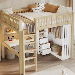 Okwish Lit Mezzanine 140x200 cm - Lit Ado avec Bureau Intégré, Armoire et 3 Tiroirs, Échelle et Garde-Corps, Bois Naturel - sans Matelas