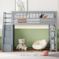 Okwish Lit mezzanine 90x200 cm - Lit ados avec clôture, penderie et étagères - Bois - Sans matelas - Gris Best
