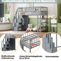 Okwish Lit mezzanine 90x200 cm - Lit ados avec clôture, penderie et étagères - Bois - Sans matelas - Gris Best
