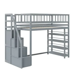 Okwish Lit mezzanine 90x200 cm - Lit ados avec clôture, penderie et étagères - Bois - Sans matelas - Gris Best