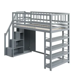 Okwish Lit mezzanine 90x200 cm - Lit ados avec clôture, penderie et étagères - Bois - Sans matelas - Gris Best