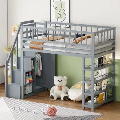 Okwish Lit mezzanine 90x200 cm - Lit ados avec clôture, penderie et étagères - Bois - Sans matelas - Gris Best