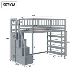 Okwish Lit mezzanine 90x200 cm - Lit ados avec clôture, penderie et étagères - Bois - Sans matelas - Gris Best