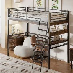 Okwish Lit Mezzanine 90x200 cm - Lit Ado avec Bureau et Étagères - Protection Anti-Chute Incluse - Métal et MDF - Noir - Sans Matelas
