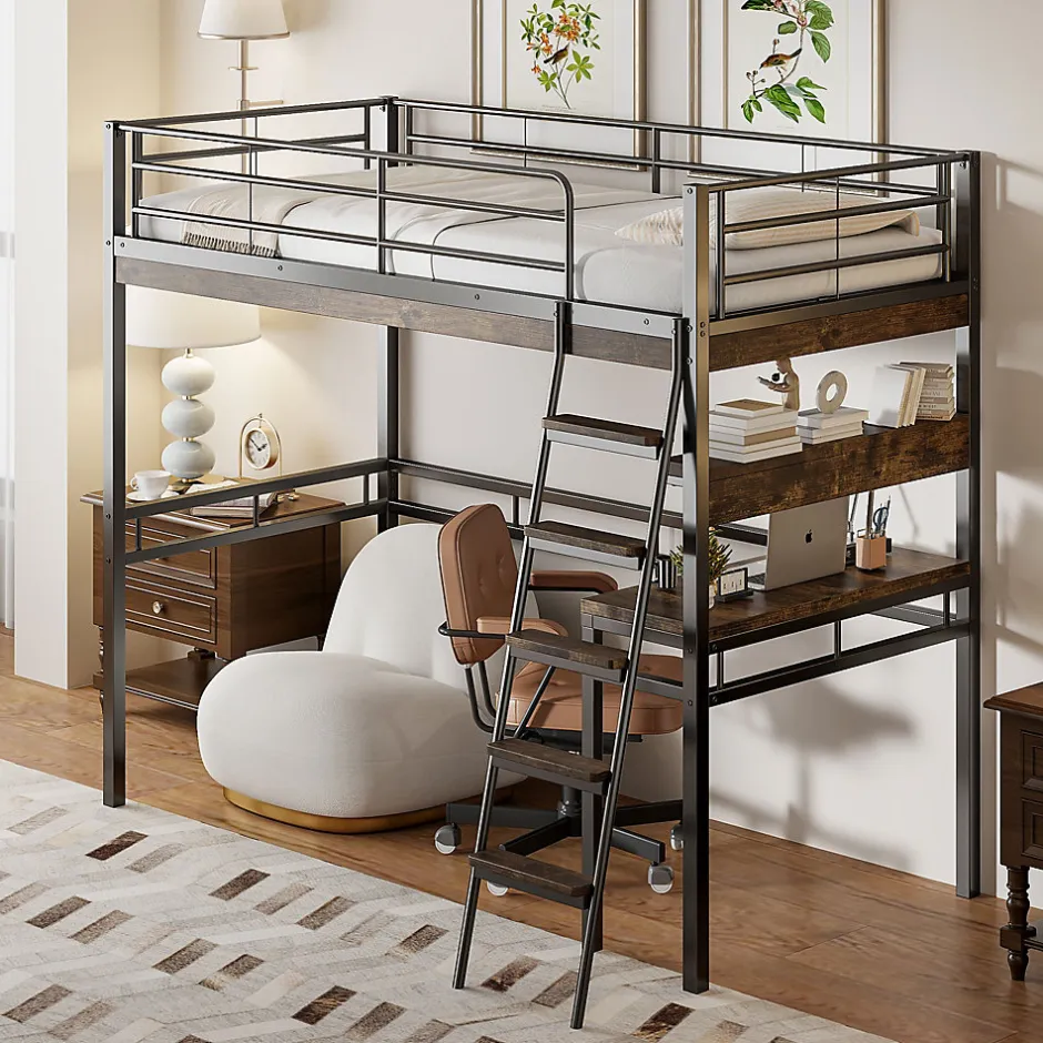 Okwish Lit Mezzanine 90x200 cm - Lit Ado avec Bureau et Étagères - Protection Anti-Chute Incluse - Métal et MDF - Noir - Sans Matelas