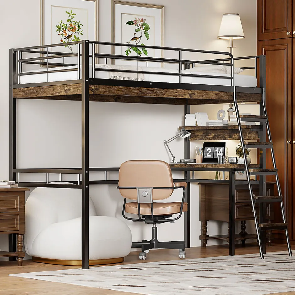 Okwish Lit Mezzanine 90x200 cm - Lit Ado avec Bureau et Étagères - Protection Anti-Chute Incluse - Métal et MDF - Noir - Sans Matelas