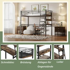 Okwish Lit Mezzanine 90x200 cm - Lit Ado avec Bureau et Étagères - Protection Anti-Chute Incluse - Métal et MDF - Noir - Sans Matelas