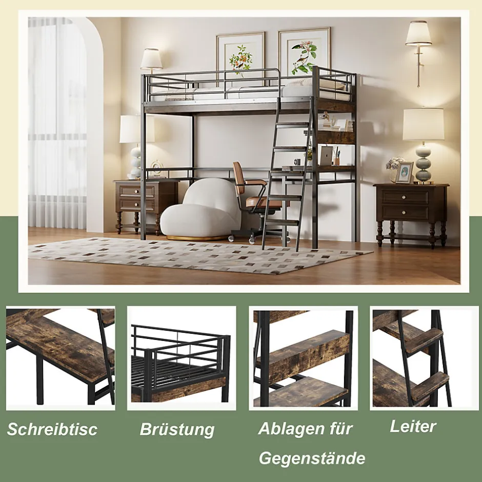 Okwish Lit Mezzanine 90x200 cm - Lit Ado avec Bureau et Étagères - Protection Anti-Chute Incluse - Métal et MDF - Noir - Sans Matelas