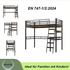 Okwish Lit Mezzanine 90x200 cm - Lit Ado avec Bureau et Étagères - Protection Anti-Chute Incluse - Métal et MDF - Noir - Sans Matelas
