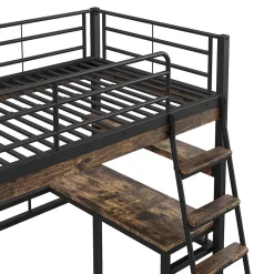 Okwish Lit Mezzanine 90x200 cm - Lit Ado avec Bureau et Étagères - Protection Anti-Chute Incluse - Métal et MDF - Noir - Sans Matelas