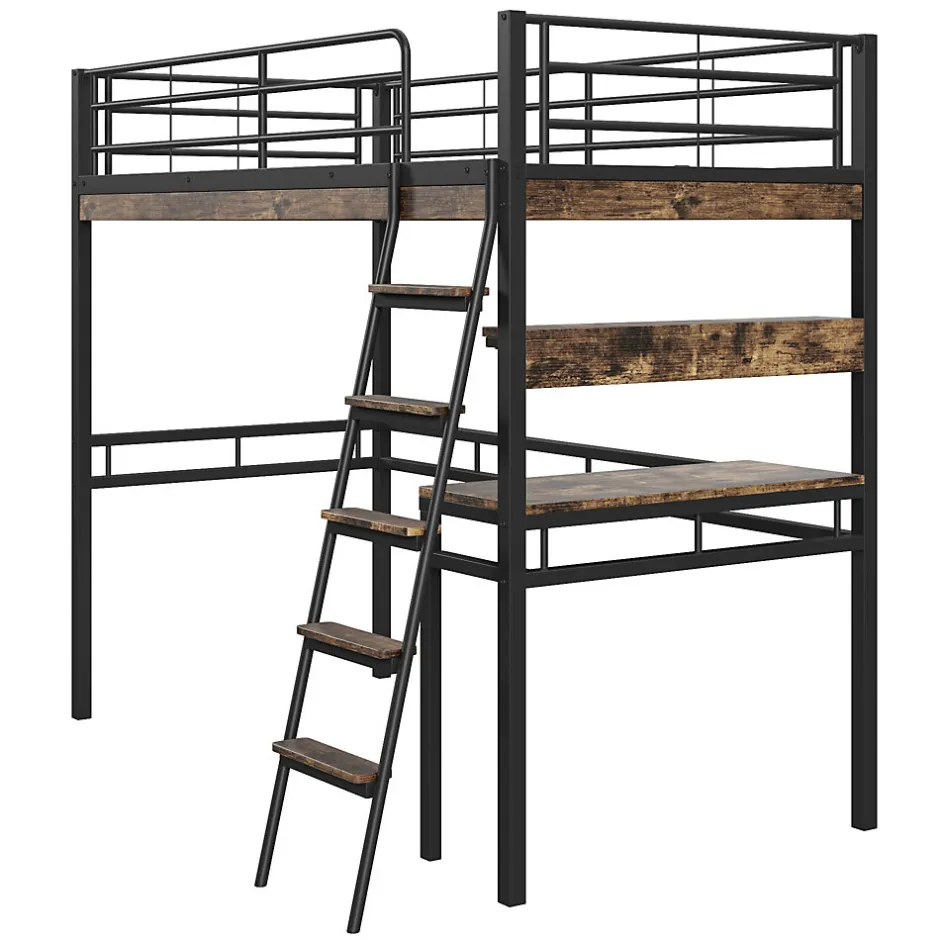 Okwish Lit Mezzanine 90x200 cm - Lit Ado avec Bureau et Étagères - Protection Anti-Chute Incluse - Métal et MDF - Noir - Sans Matelas