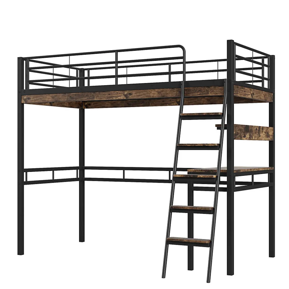 Okwish Lit Mezzanine 90x200 cm - Lit Ado avec Bureau et Étagères - Protection Anti-Chute Incluse - Métal et MDF - Noir - Sans Matelas