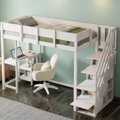 Okwish Lit mezzanine 90x200 cm - Lit avec rangement et étagère intégrée - Pin massif - Sans matelas - Blanc