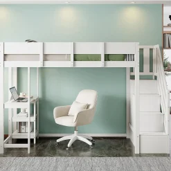 Okwish Lit mezzanine 90x200 cm - Lit avec rangement et étagère intégrée - Pin massif - Sans matelas - Blanc