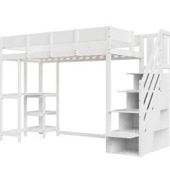Okwish Lit mezzanine 90x200 cm - Lit avec rangement et étagère intégrée - Pin massif - Sans matelas - Blanc