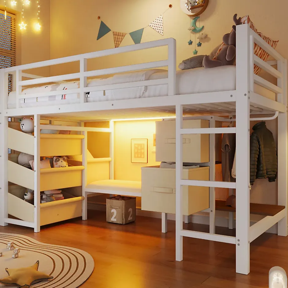 Okwish Lit Mezzanine 90x200 cm - Lit Ado avec LED Intégrée, Tiroirs en Tissu et Crochets pour Vêtements, en Métal - Sans Matelas Blanc Hot