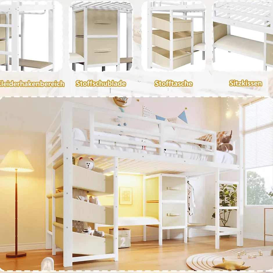 Okwish Lit Mezzanine 90x200 cm - Lit Ado avec LED Intégrée, Tiroirs en Tissu et Crochets pour Vêtements, en Métal - Sans Matelas Blanc Hot