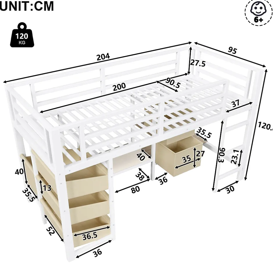 Okwish Lit Mezzanine 90x200 cm - Lit Ado avec LED Intégrée, Tiroirs en Tissu et Crochets pour Vêtements, en Métal - Sans Matelas Blanc Hot