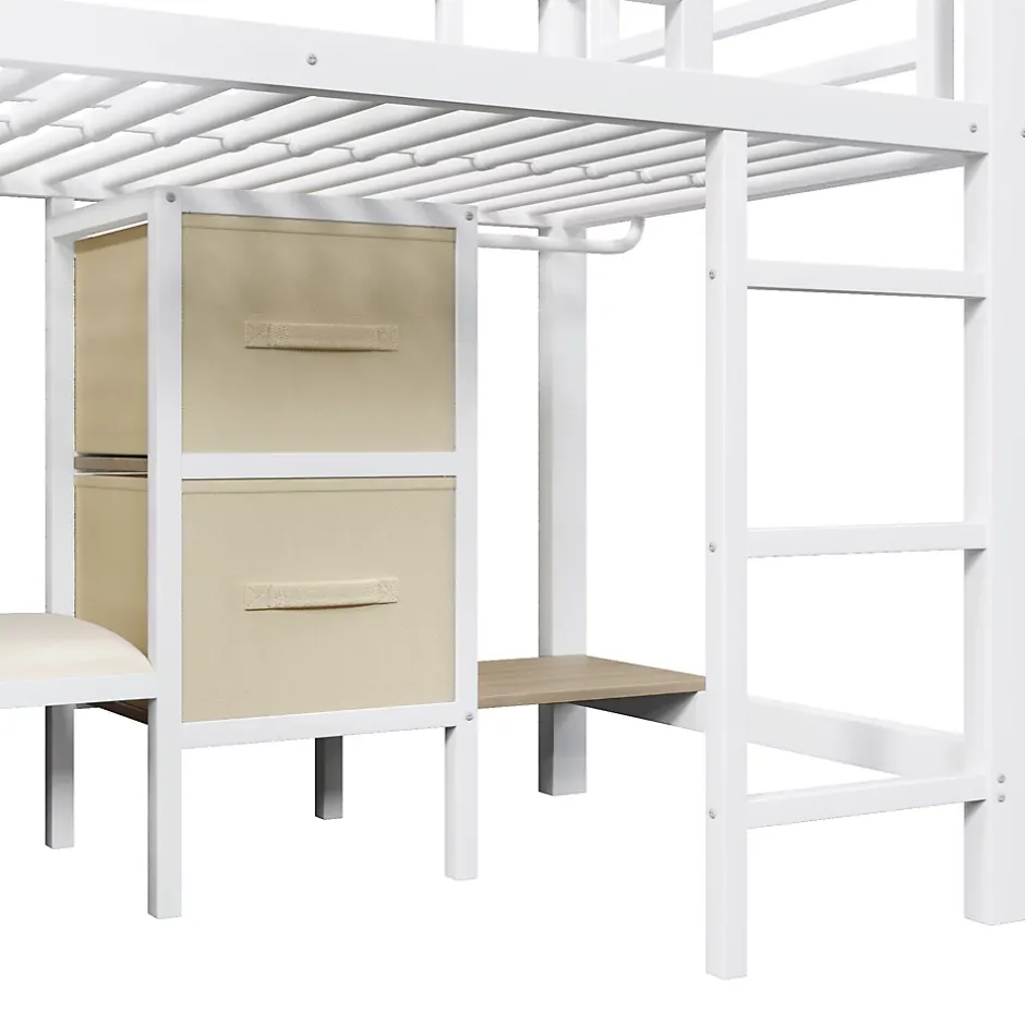 Okwish Lit Mezzanine 90x200 cm - Lit Ado avec LED Intégrée, Tiroirs en Tissu et Crochets pour Vêtements, en Métal - Sans Matelas Blanc Hot