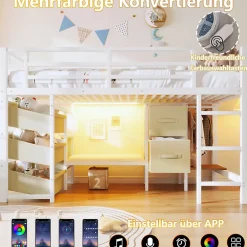 Okwish Lit Mezzanine 90x200 cm - Lit Ado avec LED Intégrée, Tiroirs en Tissu et Crochets pour Vêtements, en Métal - Sans Matelas Blanc Hot