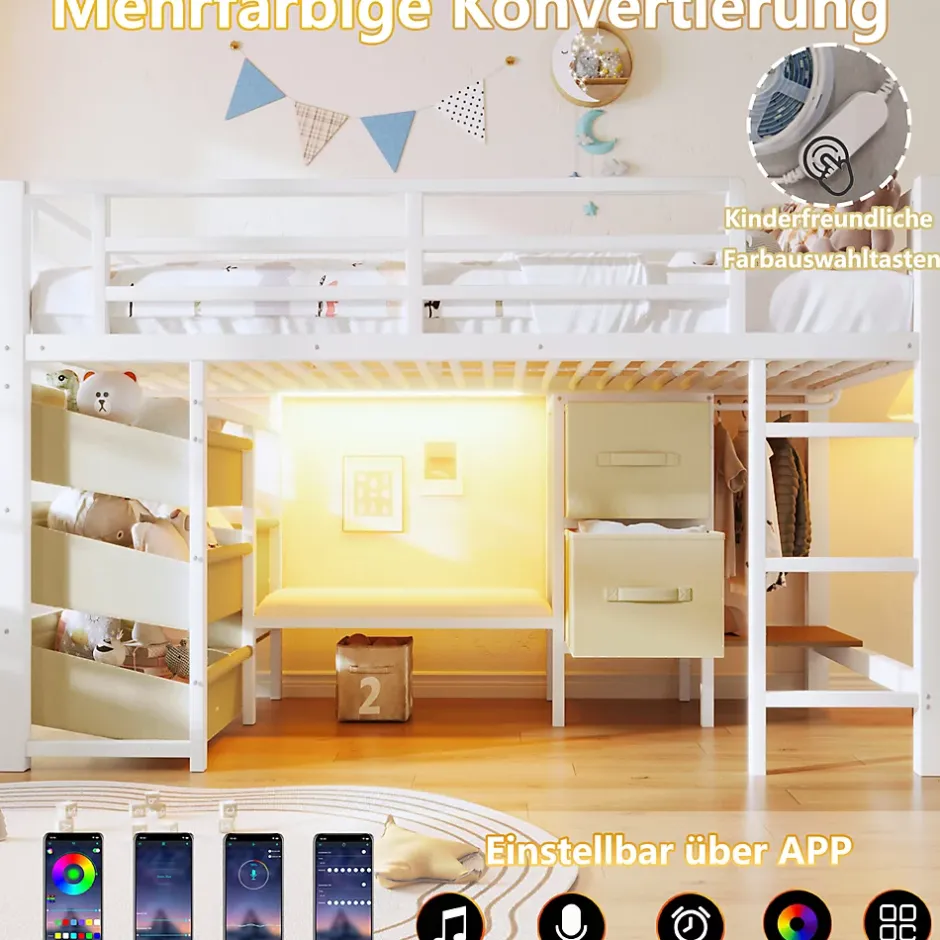 Okwish Lit Mezzanine 90x200 cm - Lit Ado avec LED Intégrée, Tiroirs en Tissu et Crochets pour Vêtements, en Métal - Sans Matelas Blanc Hot