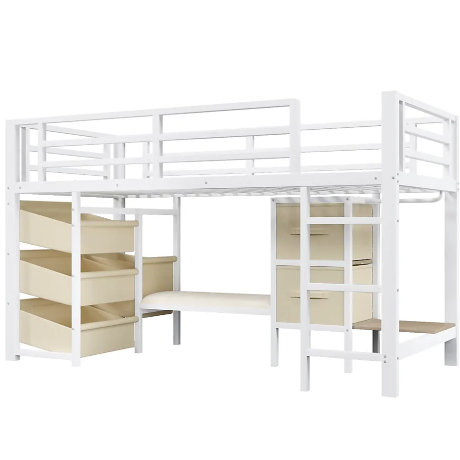 Okwish Lit Mezzanine 90x200 cm - Lit Ado avec LED Intégrée, Tiroirs en Tissu et Crochets pour Vêtements, en Métal - Sans Matelas Blanc Hot
