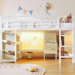 Okwish Lit Mezzanine 90x200 cm - Lit Ado avec LED Intégrée, Tiroirs en Tissu et Crochets pour Vêtements, en Métal - Sans Matelas Blanc Hot