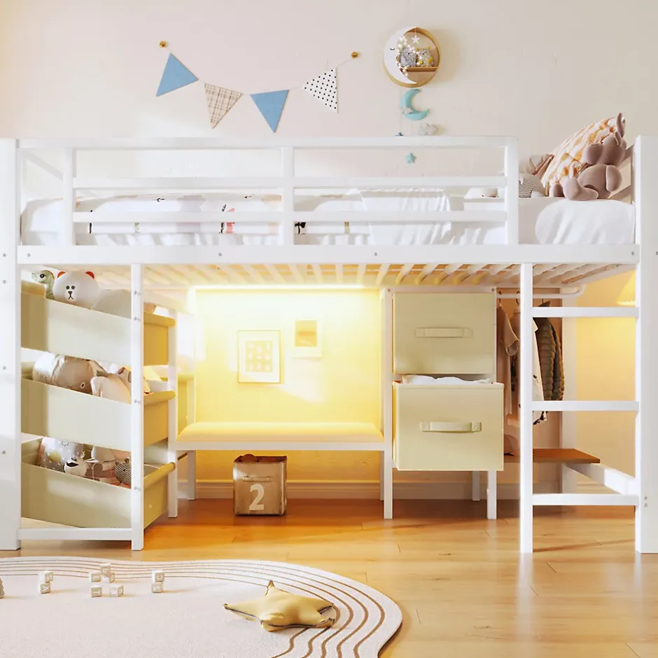 Okwish Lit Mezzanine 90x200 cm - Lit Ado avec LED Intégrée, Tiroirs en Tissu et Crochets pour Vêtements, en Métal - Sans Matelas Blanc Hot