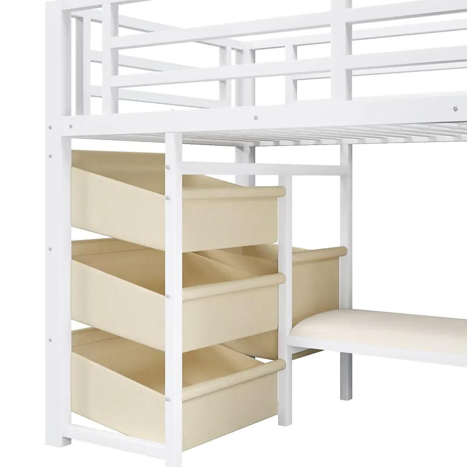 Okwish Lit Mezzanine 90x200 cm - Lit Ado avec LED Intégrée, Tiroirs en Tissu et Crochets pour Vêtements, en Métal - Sans Matelas Blanc Hot