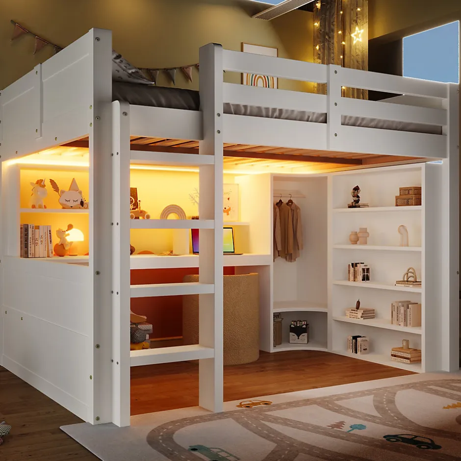 Okwish Lit Mezzanine 140x200 cm - Lit Ado avec LED et Bureau - Armoire et Tiroirs de Rangement Intégrés - sans Matelas - Blanc