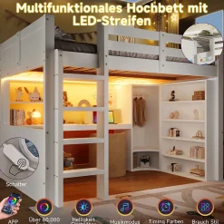 Okwish Lit Mezzanine 140x200 cm - Lit Ado avec LED et Bureau - Armoire et Tiroirs de Rangement Intégrés - sans Matelas - Blanc