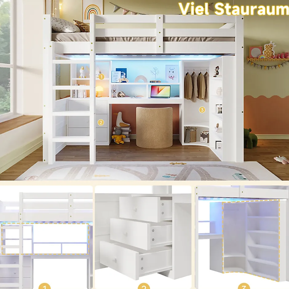 Okwish Lit Mezzanine 140x200 cm - Lit Ado avec LED et Bureau - Armoire et Tiroirs de Rangement Intégrés - sans Matelas - Blanc