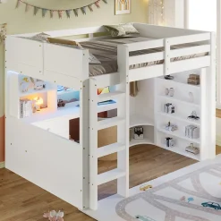 Okwish Lit Mezzanine 140x200 cm - Lit Ado avec LED et Bureau - Armoire et Tiroirs de Rangement Intégrés - sans Matelas - Blanc