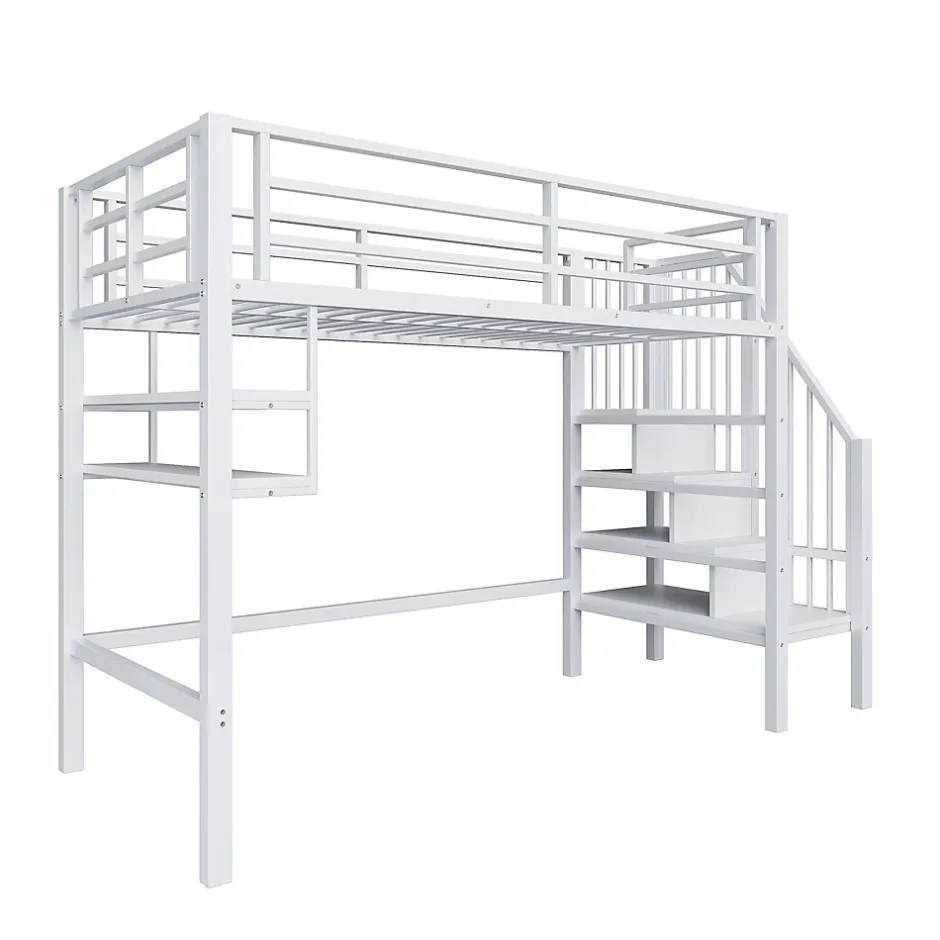 Okwish Lit mezzanine 90x200 cm - Lit avec rangement sous escalier et étagères intégrées - Métal et MDF - Sans matelas - Blanc Sale