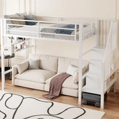 Okwish Lit mezzanine 90x200 cm - Lit avec rangement sous escalier et étagères intégrées - Métal et MDF - Sans matelas - Blanc Sale