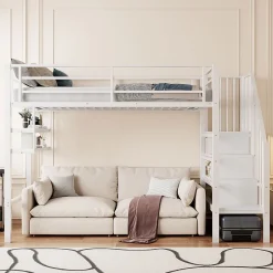 Okwish Lit mezzanine 90x200 cm - Lit avec rangement sous escalier et étagères intégrées - Métal et MDF - Sans matelas - Blanc Sale