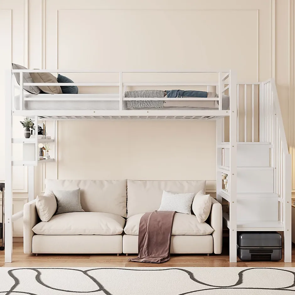 Okwish Lit mezzanine 90x200 cm - Lit avec rangement sous escalier et étagères intégrées - Métal et MDF - Sans matelas - Blanc Sale