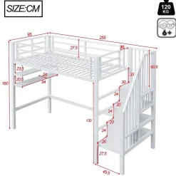 Okwish Lit mezzanine 90x200 cm - Lit avec rangement sous escalier et étagères intégrées - Métal et MDF - Sans matelas - Blanc Sale