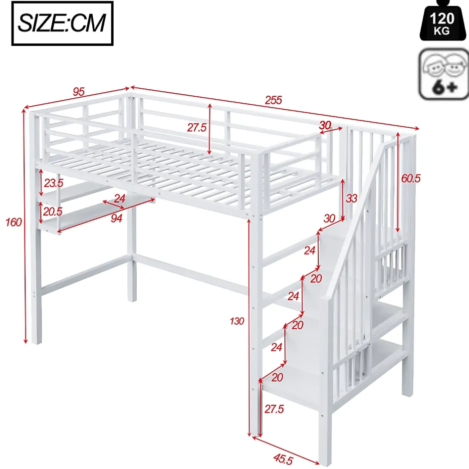 Okwish Lit mezzanine 90x200 cm - Lit avec rangement sous escalier et étagères intégrées - Métal et MDF - Sans matelas - Blanc Sale