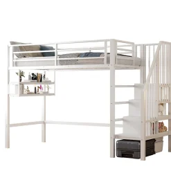 Okwish Lit mezzanine 90x200 cm - Lit avec rangement sous escalier et étagères intégrées - Métal et MDF - Sans matelas - Blanc Sale