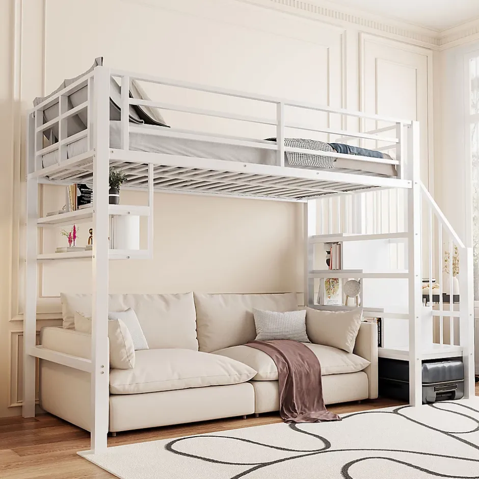 Okwish Lit mezzanine 90x200 cm - Lit avec rangement sous escalier et étagères intégrées - Métal et MDF - Sans matelas - Blanc Sale