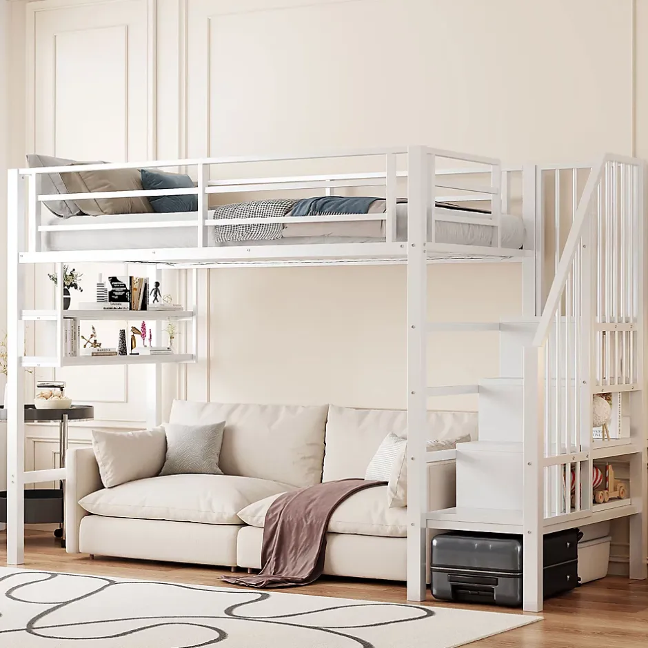 Okwish Lit mezzanine 90x200 cm - Lit avec rangement sous escalier et étagères intégrées - Métal et MDF - Sans matelas - Blanc Sale