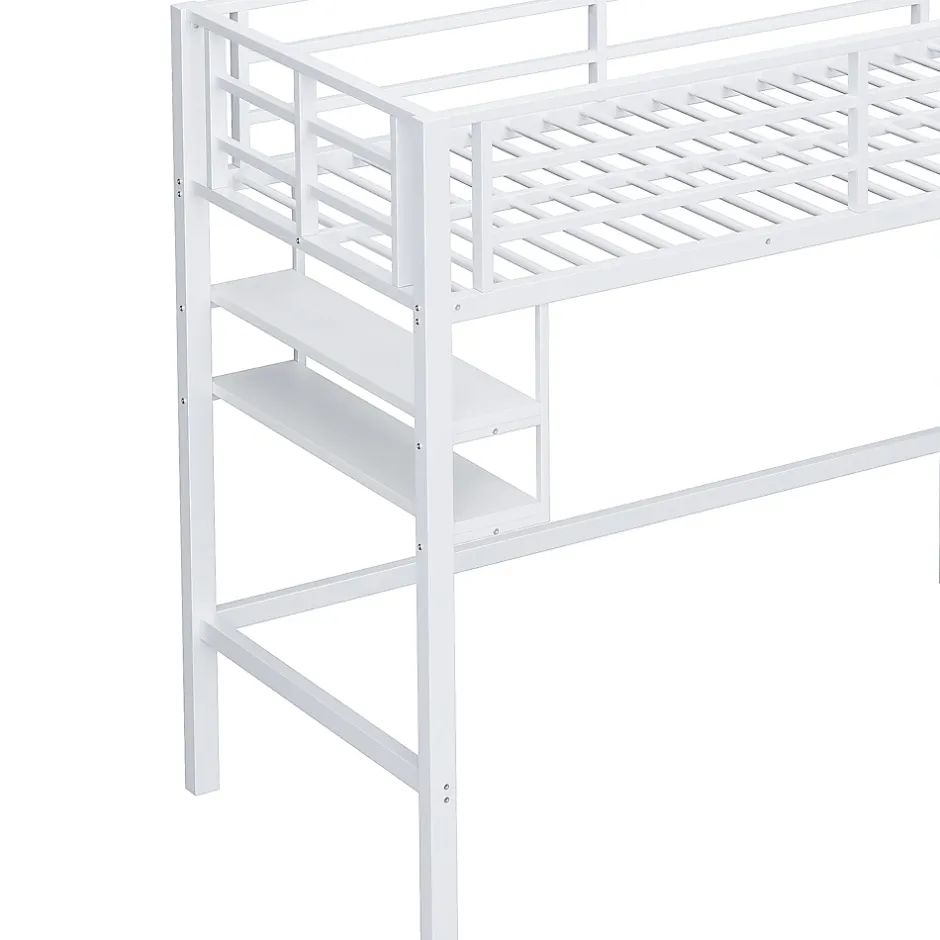 Okwish Lit mezzanine 90x200 cm - Lit avec rangement sous escalier et étagères intégrées - Métal et MDF - Sans matelas - Blanc Sale
