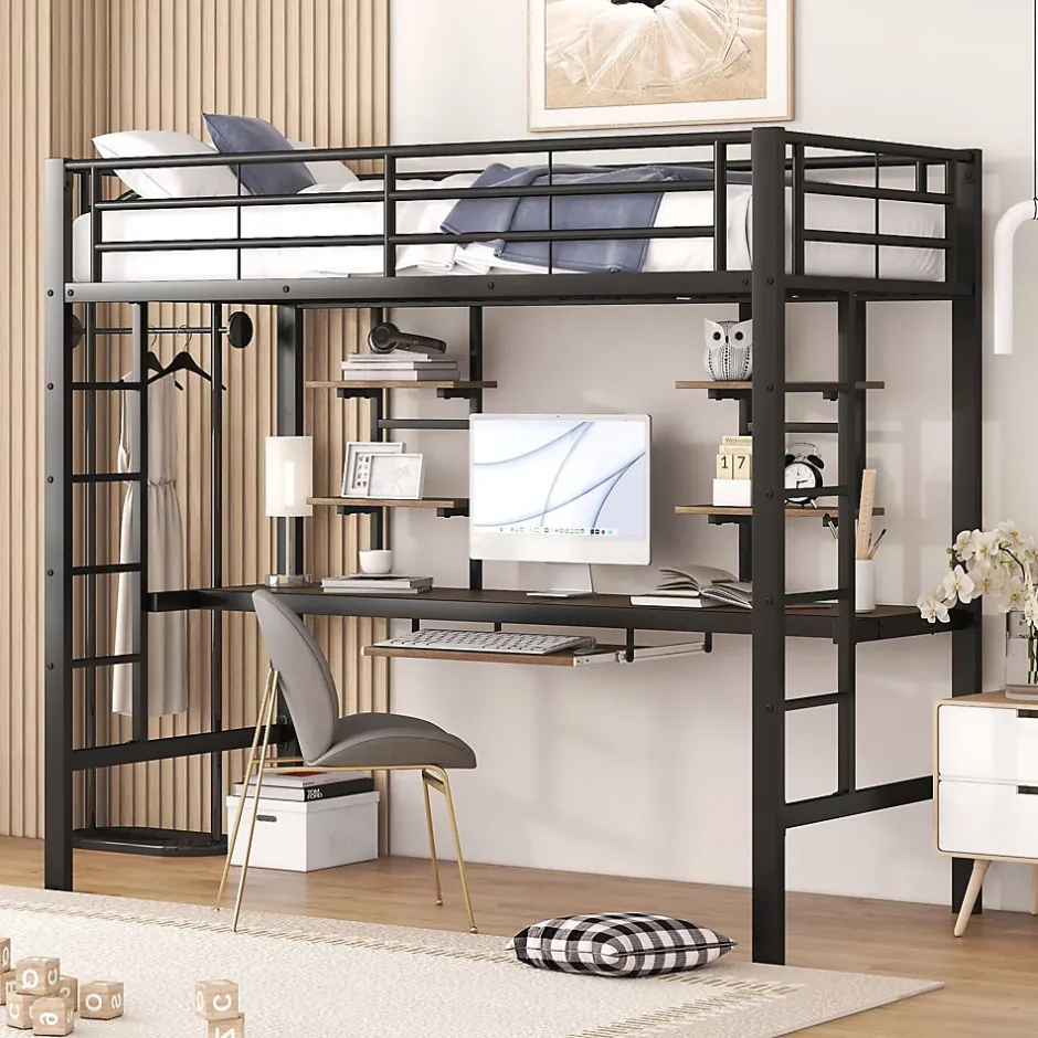 Okwish Lit Mezzanine 90x200 cm - Lit Ado avec Bureau Intégré et Espace de Rangement, Sans Matelas, en Métal et MDF, Noir Discount