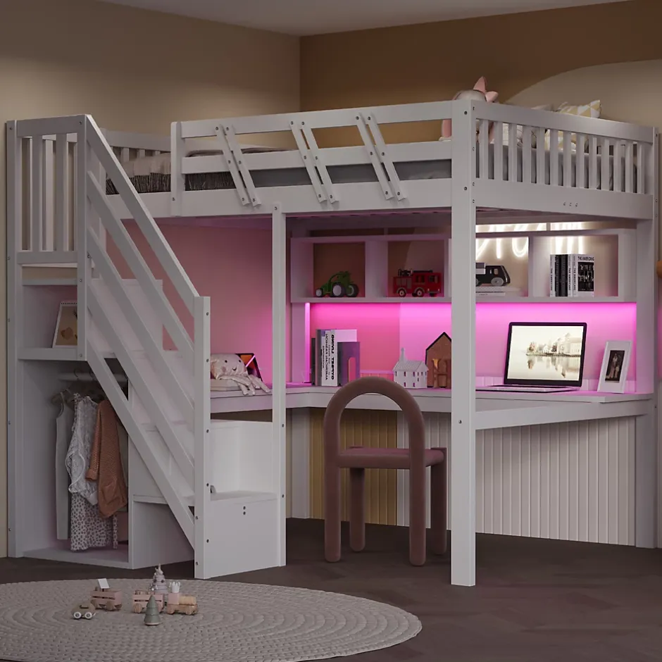 Okwish Lit Mezzanine 140x200 cm - Lit Ado avec Escalier et Rangement, Bureau Intégré avec LED et USB - Sans Matelas - Bois Blanc Discount