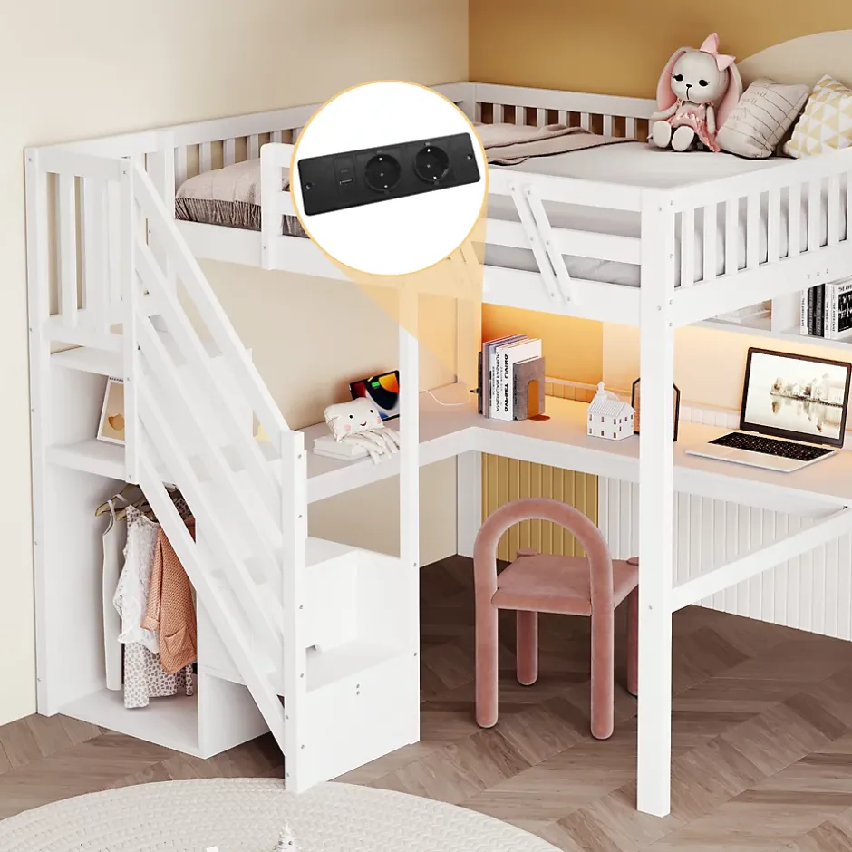Okwish Lit Mezzanine 140x200 cm - Lit Ado avec Escalier et Rangement, Bureau Intégré avec LED et USB - Sans Matelas - Bois Blanc Discount