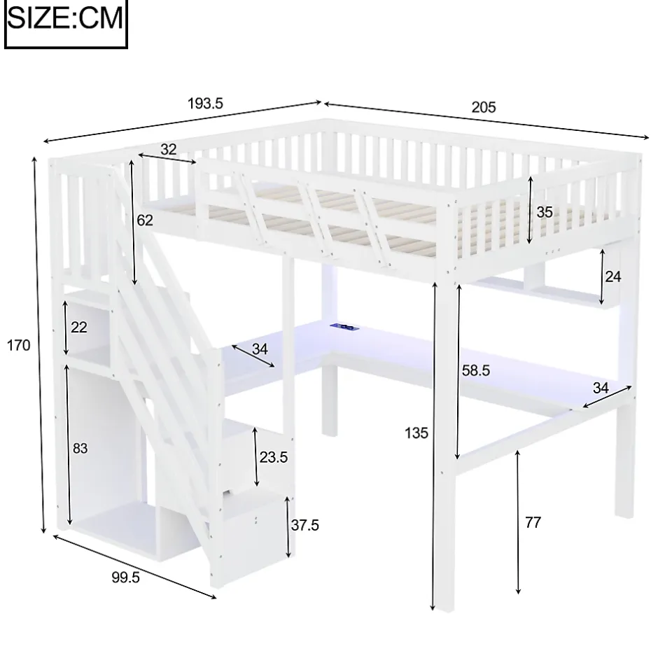 Okwish Lit Mezzanine 140x200 cm - Lit Ado avec Escalier et Rangement, Bureau Intégré avec LED et USB - Sans Matelas - Bois Blanc Discount