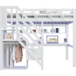 Okwish Lit Mezzanine 140x200 cm - Lit Ado avec Escalier et Rangement, Bureau Intégré avec LED et USB - Sans Matelas - Bois Blanc Discount