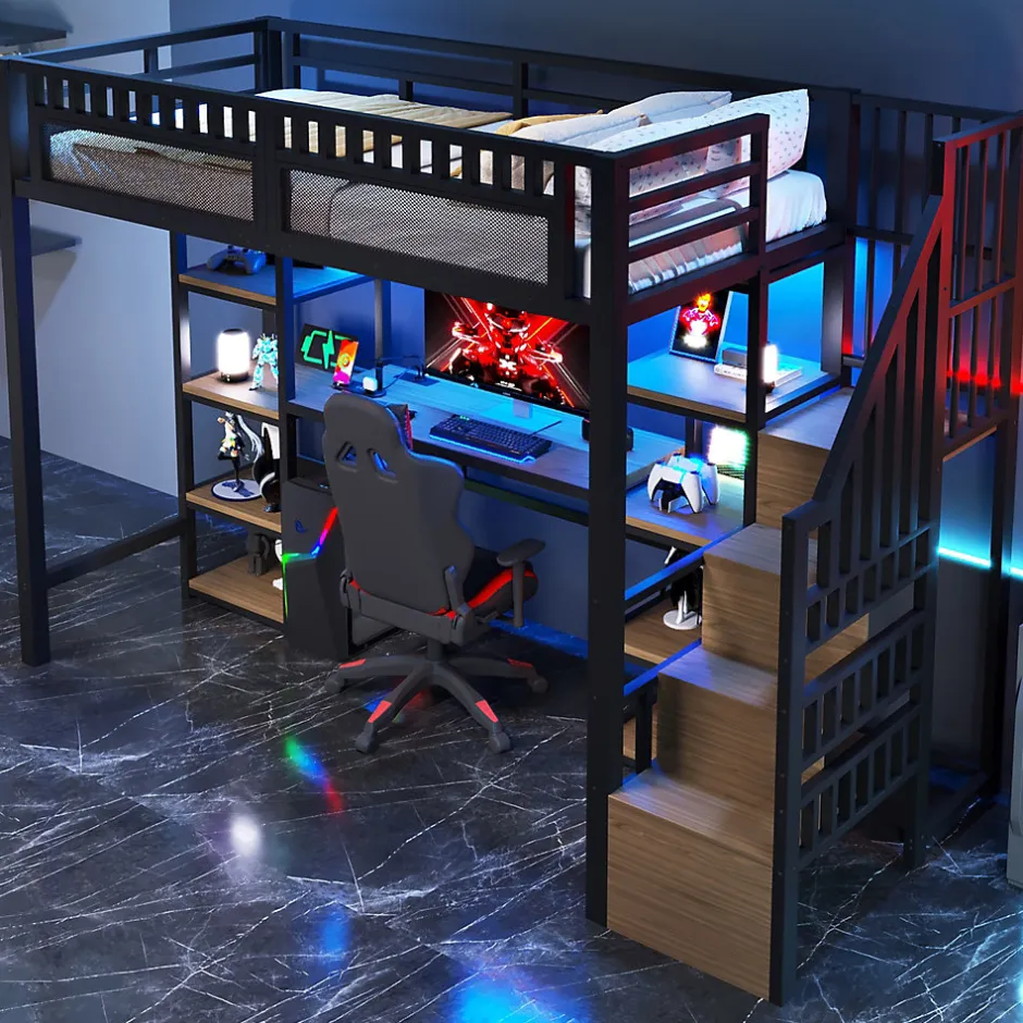 Okwish Lit Mezzanine 90x200 cm - Lit Ado Simple avec Bureau, Escalier Rangement et LED - Métal et MDF - sans Matelas - Noir