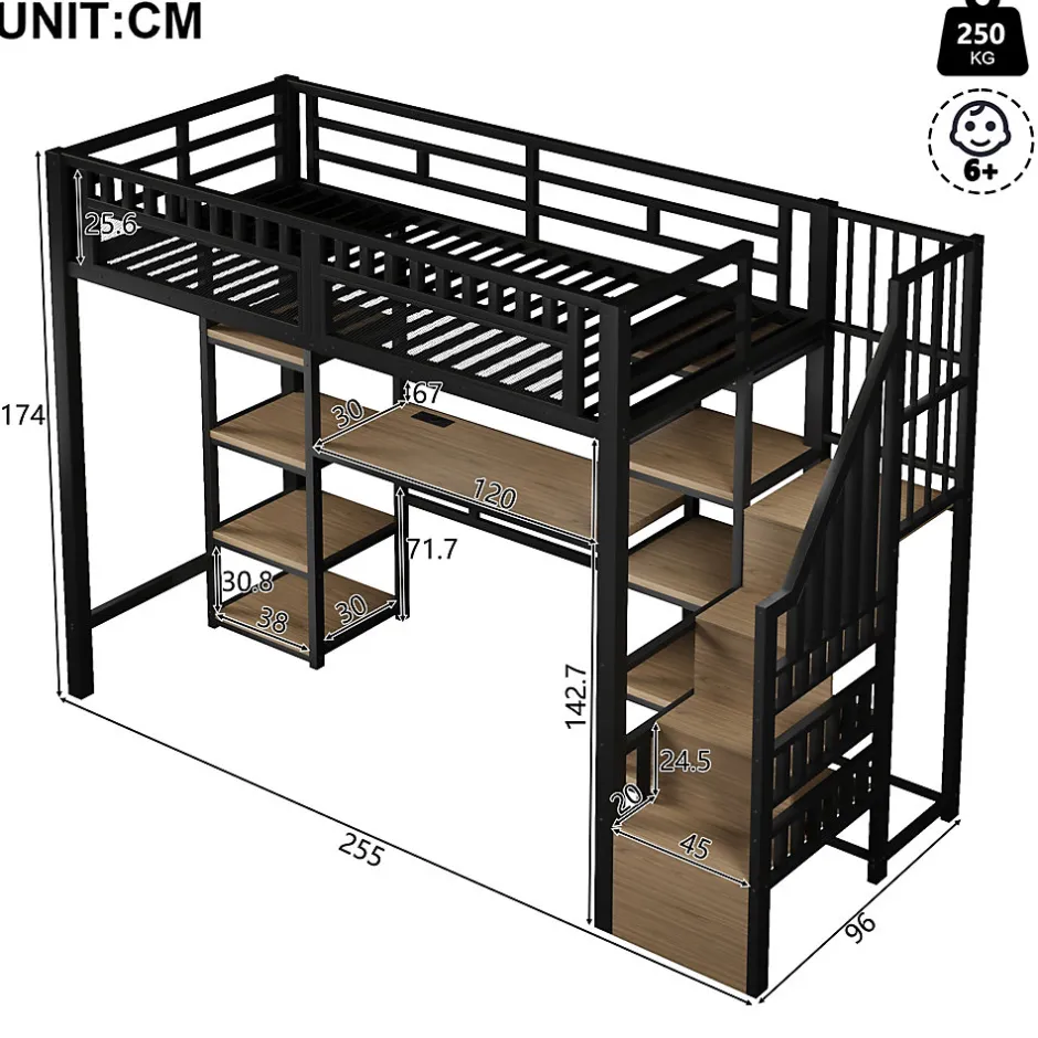 Okwish Lit Mezzanine 90x200 cm - Lit Ado Simple avec Bureau, Escalier Rangement et LED - Métal et MDF - sans Matelas - Noir
